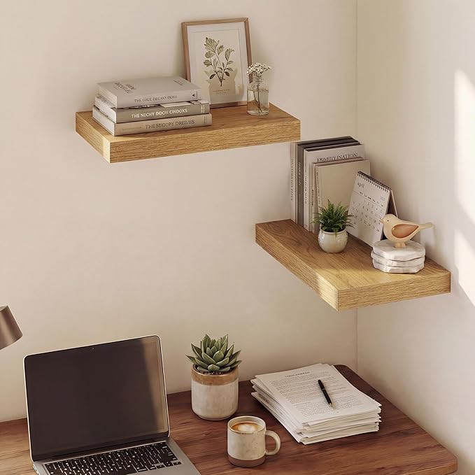 Dreamland 16 Inches Floating Shelves for Wall, 9.3" Deep Long Floating Shelves Set of 2, Large Display & Storage Shelf, Wall Shelf for Bathroom Bedroom Living Room Kitchen Office, Oak
