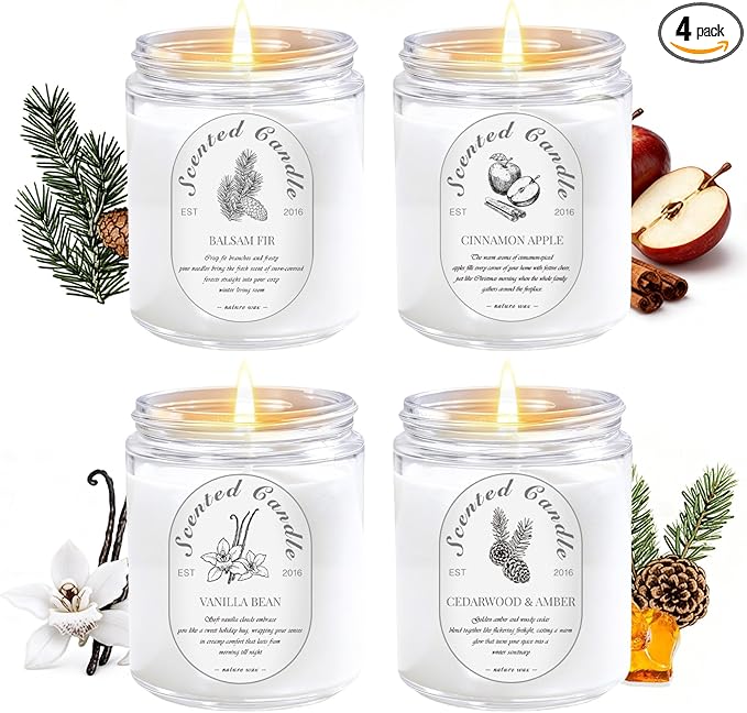 Scented Candle Gift Set, 4 Pack 28oz Soy Wax Scented Candles for Home – Cinnamon Apple, Balsam Fir, Vanilla Bean, Cedarwood & Amber – Cozy Aromatherapy Candles for Holiday & Home Decor Gifts