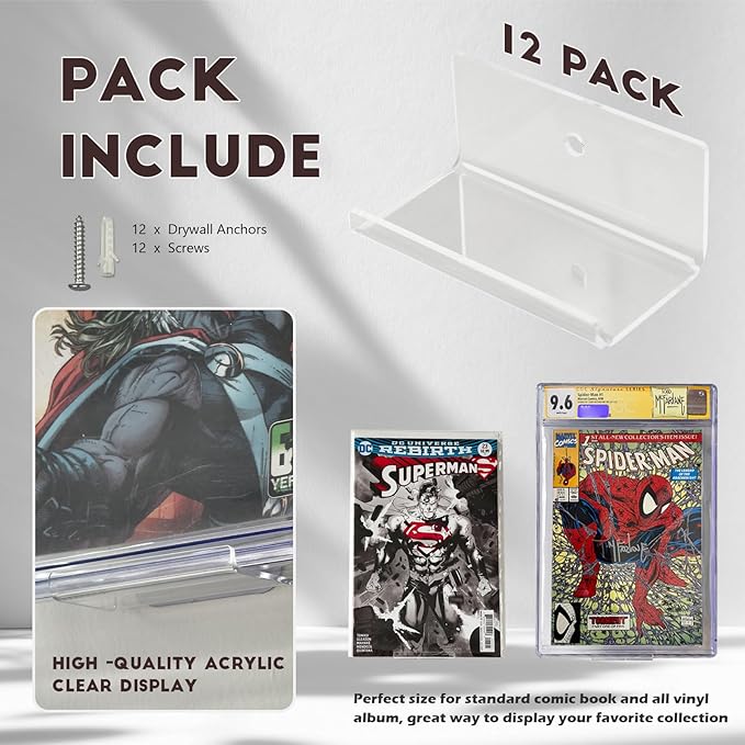 12pcs Clear Floating Comic Book Display Shelves, Comic Book Shelf Stand Wall Mount Showcase Display Case Holder
