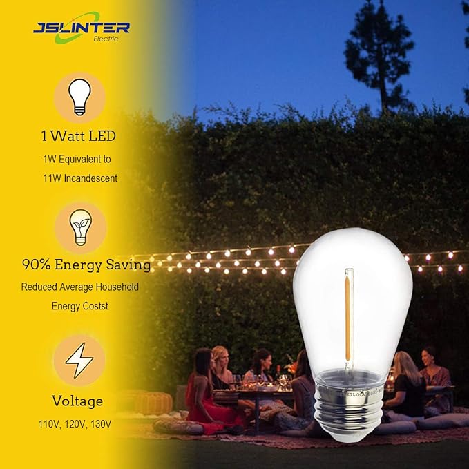 Jslinter S14 1W Outdoor String Lights Bulbs LED, Shatterproof & Waterproof, 2200K Warm White, 11W Equivalent, E26 Base, Edison Vintage Style Replacement for Patio Garden, 16-Pack