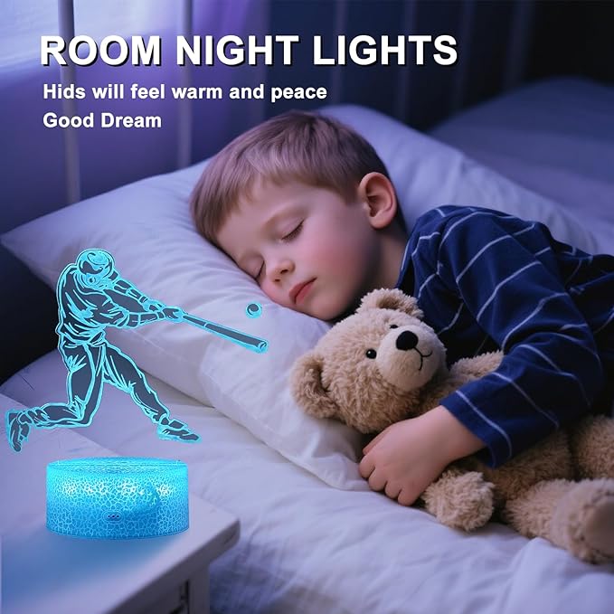 Baseball Gifts for Boys 8-12 3D Lamp Night Light with Remote & Touch Control, 16 Colors Changing + 4 Changing Mode Brightness Room Decor Christmas Birthday Gifts for Kids Boys Girls Sport Fans