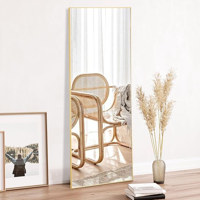 OLIXIS Gold Full Length Mirror 60"x16" for Bedroom, Full Body Mirror with Stand, Hanging or Leaning for Wall, Aluminum Alloy Thin Frame Floor Standing for Living Room, Long