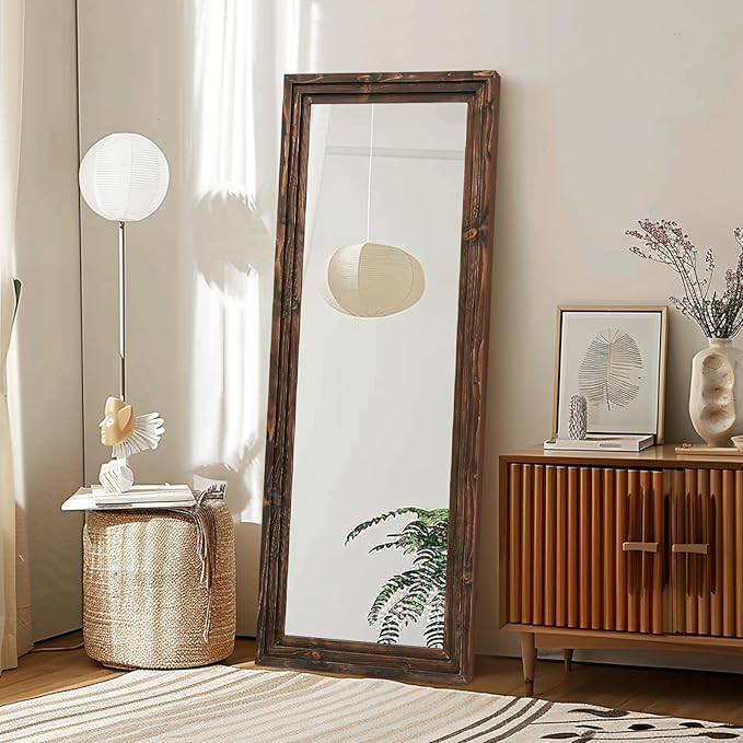 Full Length Mirror 58"x22" Solid Wood Frame Floor Large Mirror for Living Room, Bedroom Hanging or Leaning Wall-Mounted, Brown
