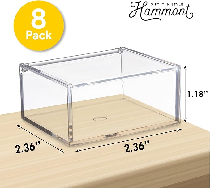 Hammont Clear Acrylic Box with Hinged Lid – Small Plastic Organizer for Office, Desk, Makeup, Crafts, Cotton Balls, Jewelry & More | 2.5"x2.5"x1" (8 Pack)