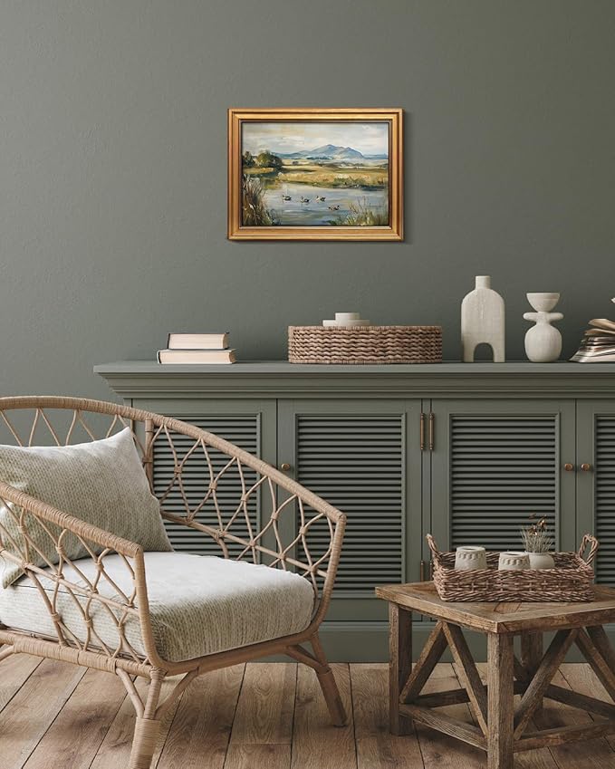 Bzstyleart Vintage Wall Art Decor for Living Room, Gold Framed Canvas Wall Art Home Decor Aesthetic, Ducks Pond Landscape Prints, Canvas Picture Print Artwork, 12 x 16 Inch