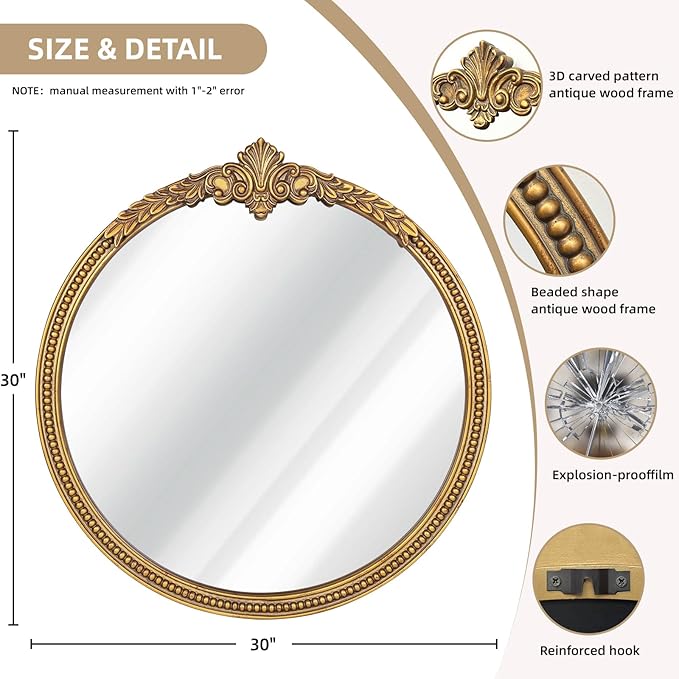 Farmhouse Round Wood Mirror - 30x30 Inches Antique Gold Baroque Wall Mirror, Ornate Beaded Decorative Mirror for Mantel, Living Room