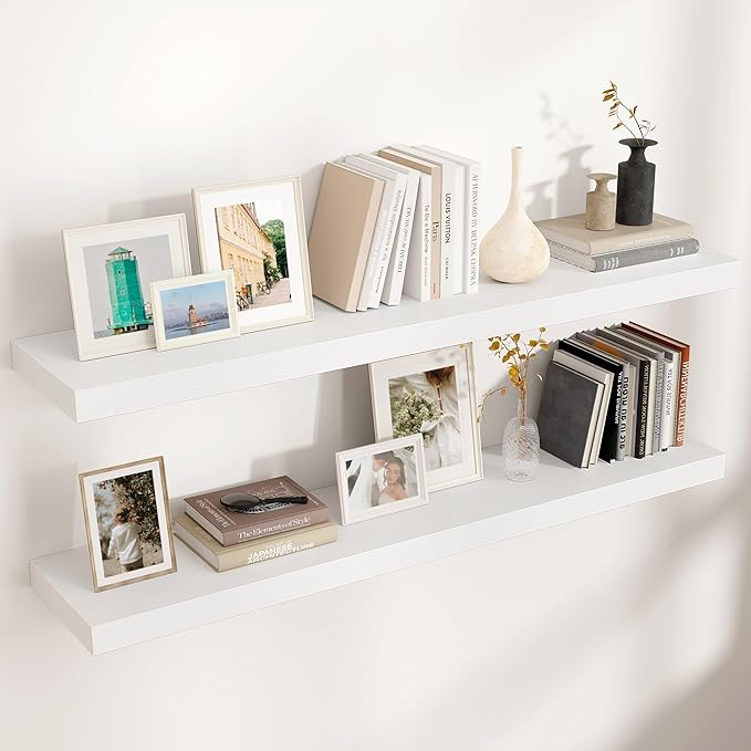Venusmiles Floating Shelves for Wall, Engineered Wood Wall Shelves with Invisible Brackets for Living Room Bedroom Bathroom Office Kitchen Decor and Storage (White, 48" W x 9" D x 1.5" H) Set of 2