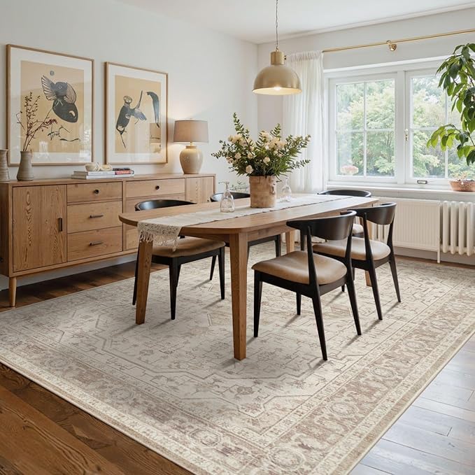 Rugxara 6x9 Washable Area Rug for Living Room, Vintage Neutral Large Boho Rugs for Office, Dining Room, Kids Room, Farmhouse, Durable Low Pile Non Slip Carpet for High Traffic Areas, Cream
