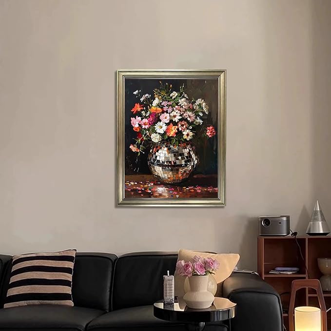 Vintage Framed Disco Ball Wall Art Retro Eclectic Wall Decor Colorful Moody Florals Painting Maximalist Wall Art Funky Flowers Bouquet Print Artwork