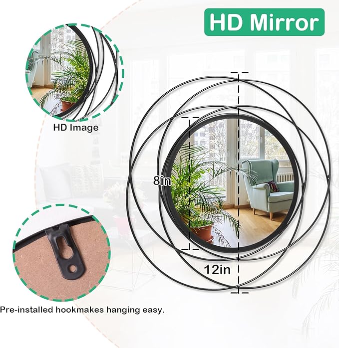 Wall Mirror Mounted Black Small Round Decorative Mirrors, Circle Metal Art Mirror Home for Bathroom Vanity, Living Room or Bedroom 12” x 12”