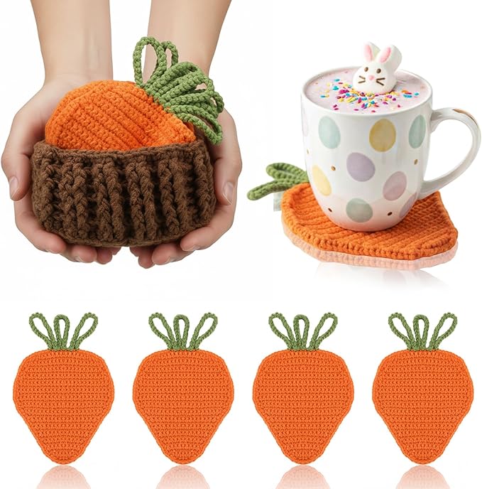 5 Pcs Easter Carrot Crochet Coaster Set with Basket 4.3 Inch Handmade Woven Carrot Cup Pad Mats Gift Kit for Holiday Kitchen Office Bar Desk Table Decoration