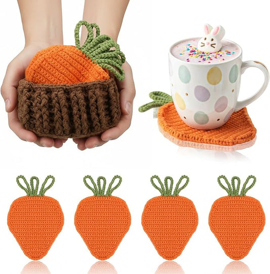 5 Pcs Easter Carrot Crochet Coaster Set with Basket 4.3 Inch Handmade Woven Carrot Cup Pad Mats Gift Kit for Holiday Kitchen Office Bar Desk Table Decoration