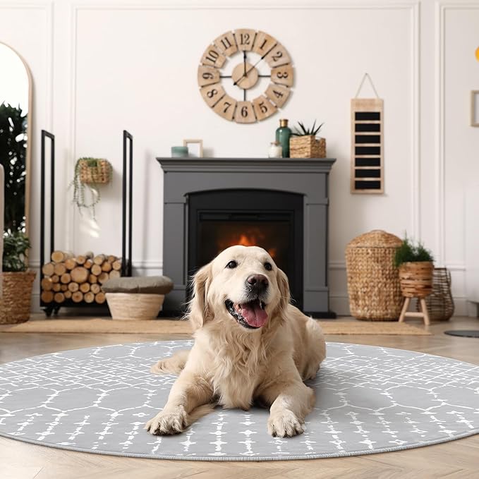 Lahome Moroccan Round Rugs 6Ft Washable Circle Area Rug for Living Room Grey Non-Slip Stain Resistant Dining Room Rug Large Circle Rug, Modern Geometric Print Indoor Round for Bedroom Entryway Hana