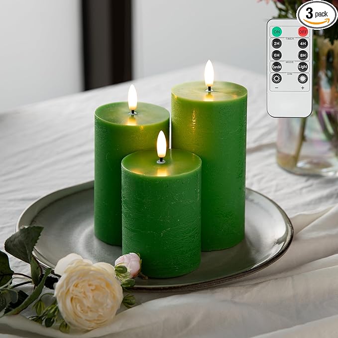 LUSHARBOR LUSHABOR Green Flameless Candles, Battery Operated Candles for St. Patrick’s Day, Real Wax LED Fake Candles for Spring Decor Party Centerpiece Green Set of 3