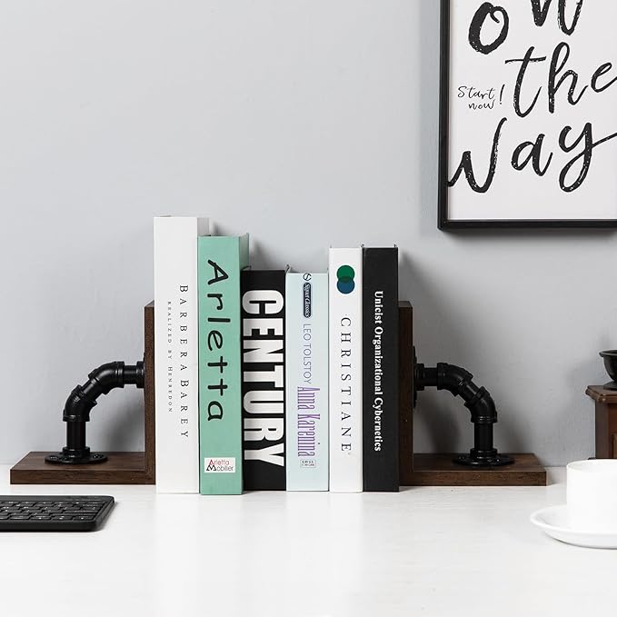 Rustic Decorative Wooden Tabletop Farmhouse Bookends for Heavy Books with Modern Industrial-Style Pipe Office Desktop Bookshelf Organizers Stoppers Holder Nonskid Shelf Decor 1-Pair (Dark Brown)