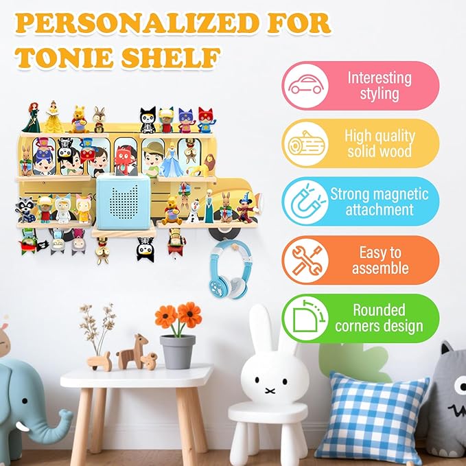 School Car for Tonies Box 1/2 Tonies Figures Organizer Storage Shelf Wall Mounted, Magnetic Display Collection 30~40 Characters Floating Shelves Storage Player, Earphones