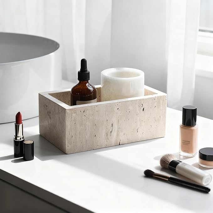 Natural Marble Storage Rectangle Containers Cotton Swab Holder, Organizers with Lids,Travertine Stone Box for Qtips, Makeup, Bathroom Essentials & Home Storage (rectangular box)