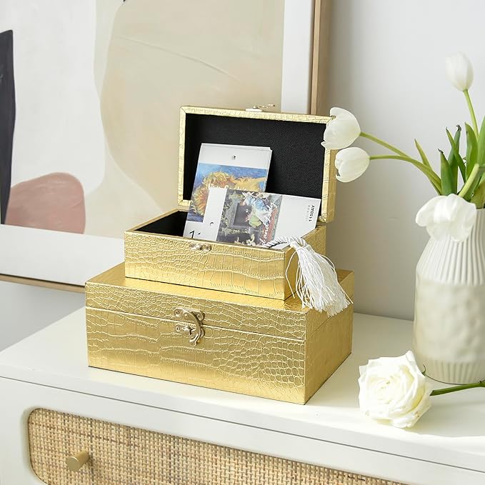 Set of 2 Wooden Decorative Nesting Storage Boxes, Gold Crocodile Leather with Clasp for Home Kitchen Living Room, Ideal Gift for Wedding Memories Jewelry Trinket