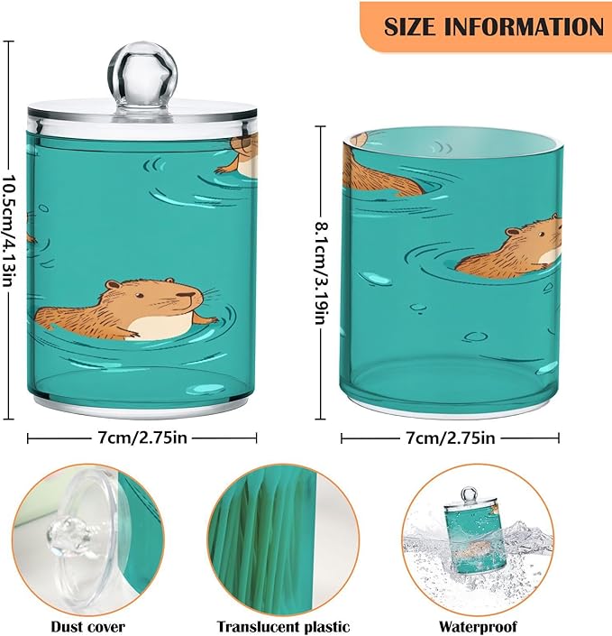 Nander 4Pack Cute Cartoon Capybara Qtip Holder Dispenser -Clear Plastic Apothecary Jars Set - Restroom Bathroom Makeup Organizers Containers for Cotton Swab, Ball, Pads, Floss