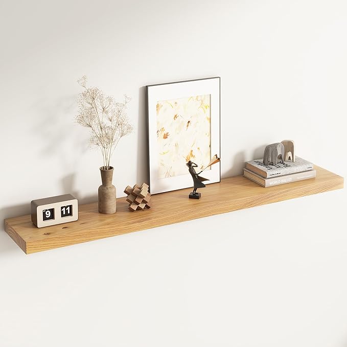 Venusmiles Elm Floating Shelves for Wall Decor, Rustic Solid Wood Shevles Wall Mounted with Invisible Bracket for Living Room Bathroom Bedroom Kitchen, 55 Inch Set of 1, Natural