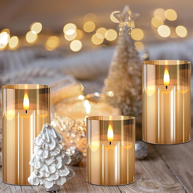 VIEWELLD Glass Flameless Candles with Remote and Timer, Battery Operated Candles, LED Pillar Candles, Electric Fake Candles, Real Wax Set of 3, Christmas Home Wedding Birthday Decor(Gold)
