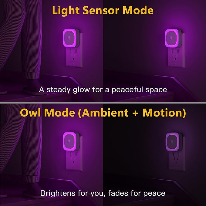 YUNLEX 2 Pack Plug in Night Light with Motion Sensor & Dusk to Dawn Sensor, 3 Sensor Modes, Purple Night Lights Plug into Wall, Dimmable Calming Glow for Meditation, Relaxation, Bathroom, Bedroom