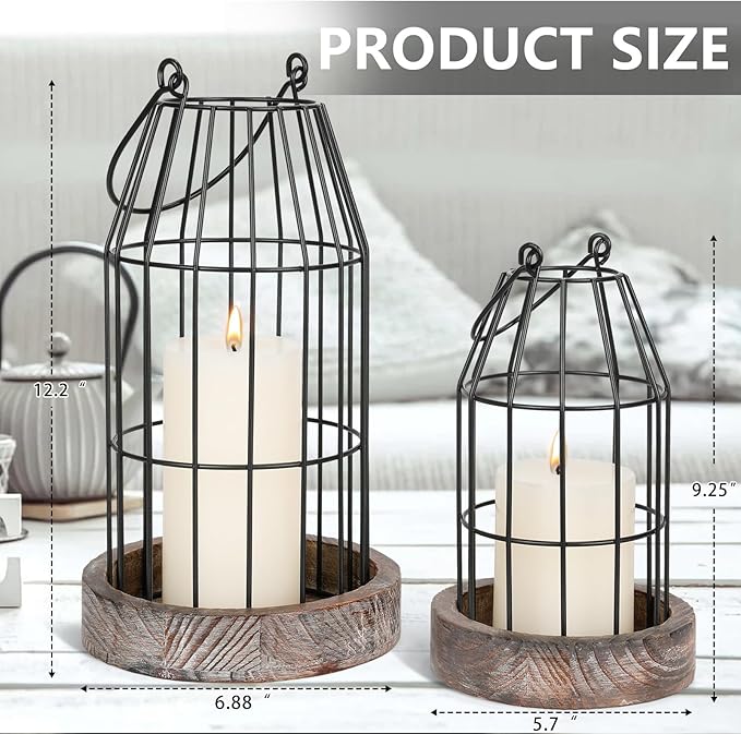 Rustic Wire Metal Cloche Set of 2 Candle Lantern Decorative Indoor Outdoor Vintage Cage Candle Holders Modern Farmhouse Decor for Fireplace Mantle Entryway Living Room Kitchen Coffee Table Centerpiece