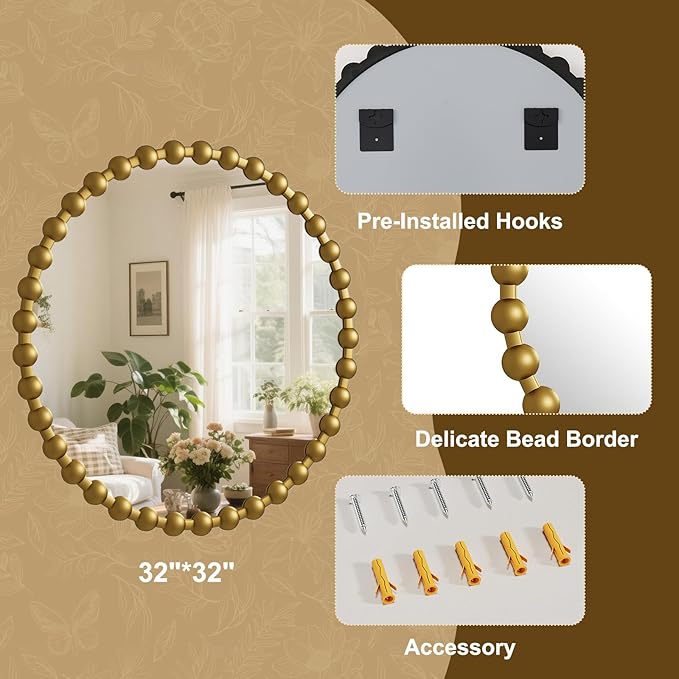 Easly Round Mirror for Wall, 32 Inch Gold Beaded Frame Decorative Vanity Mirror, Circle Bathroom Mirror with High-Definition Lense, Modern Wall Decor for Bathroom, Living Room, Bedroom, Entryway