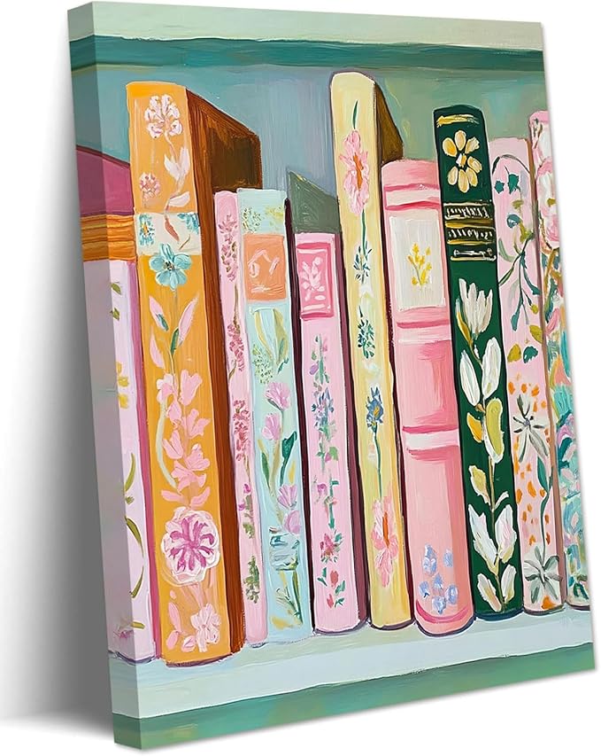 Book Wall Art Vintage Flower Books Canvas Wall Decor Pastel Bookshelf Artwork Painting Pictures Colorful Book Stack Posters Prints for Living Room Bedroom Reading Nook 16x24 Inch Framed