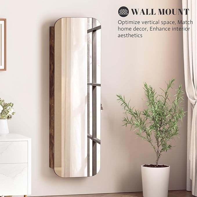 Vlsrka 6 LEDs Mirror Jewelry Cabinet Door Hanging, 47.2" Wall Mounted Jewelry Cabinet, Lockable Full Length Mirror with Storage, Rounded Corner Mirror Jewelry Organizer, 2 Drawers, Rustic Brown