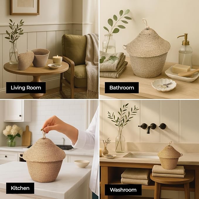Olea Mushroom Container – Handmade 12" Woven Jute Decorative Storage Basket – Rustic Storage for Entryway, Bathroom, Kitchen, or Boho Cottagecore Decor - Olive