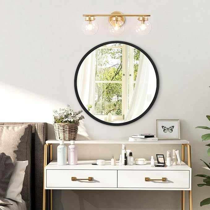 JJUYOU Black Round Framed Mirror - 16" Circle Wall Mirror for Bathroom, Bedroom & Living Room - Modern Aluminum Alloy Metal Frame