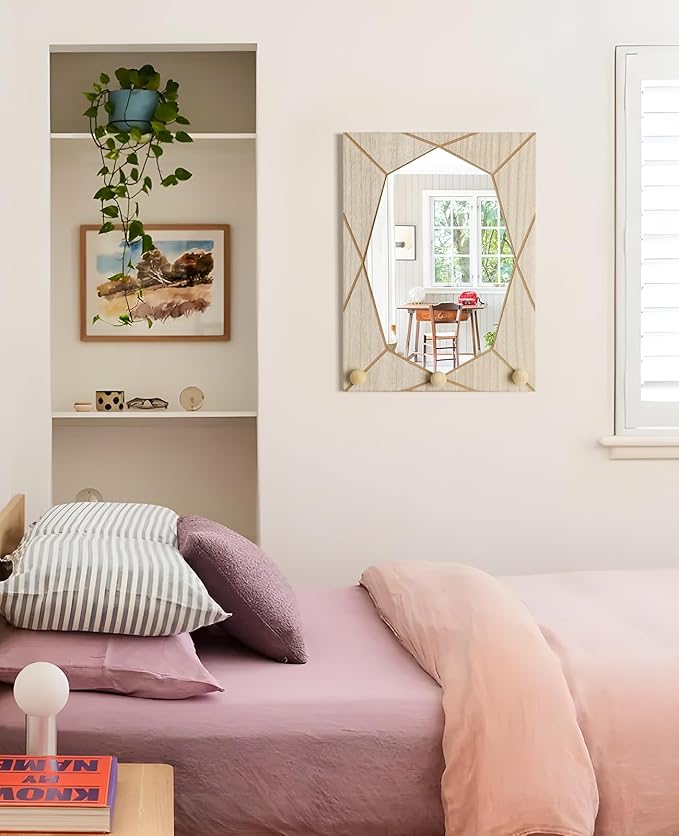 Mirror Wall Decor for Living Room Bedroom, Cottage Octagon Decorative Mirror Art for Modern Rustic Boho House, Geometric Hanging Wall Art Accent Above TV Desk Bed Table Decor, 15.6x11.6