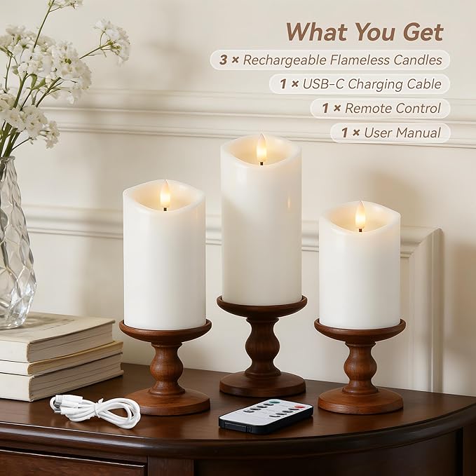 Rechargeable Flickering Flameless Candles Melted Edge Battery Operated with Remote and Timer, Real Wax LED USB Type-C Pillar Candles, Set of 3 (3" x 4",5",6"), White,Home Decor