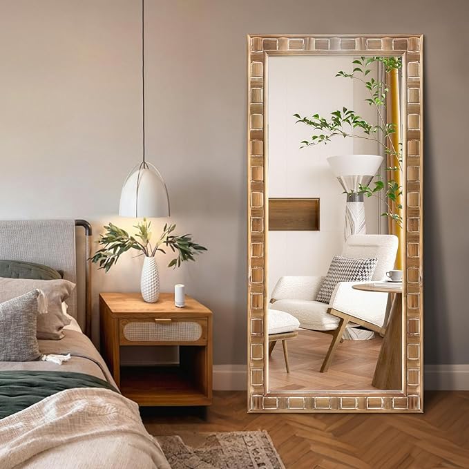 POZINO Full Length Mirror with Solid Wood Frame, 65"X30" Farmhouse Wooden Floor Mirror for Dressing, Large Rustic Rectangle Wall Mirrors for Living Room Bathroom Bedroom, Horizontal Or Vertical