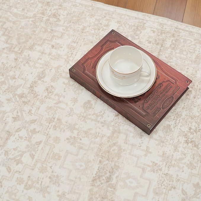 2x3 Washable Non-Slip Area Rug - Soft Low Pile Throw Rug for Kitchen Entryway Bedroom - Vintage Distressed Indoor Door Mat with Rubber Backing (Ivory Beige)