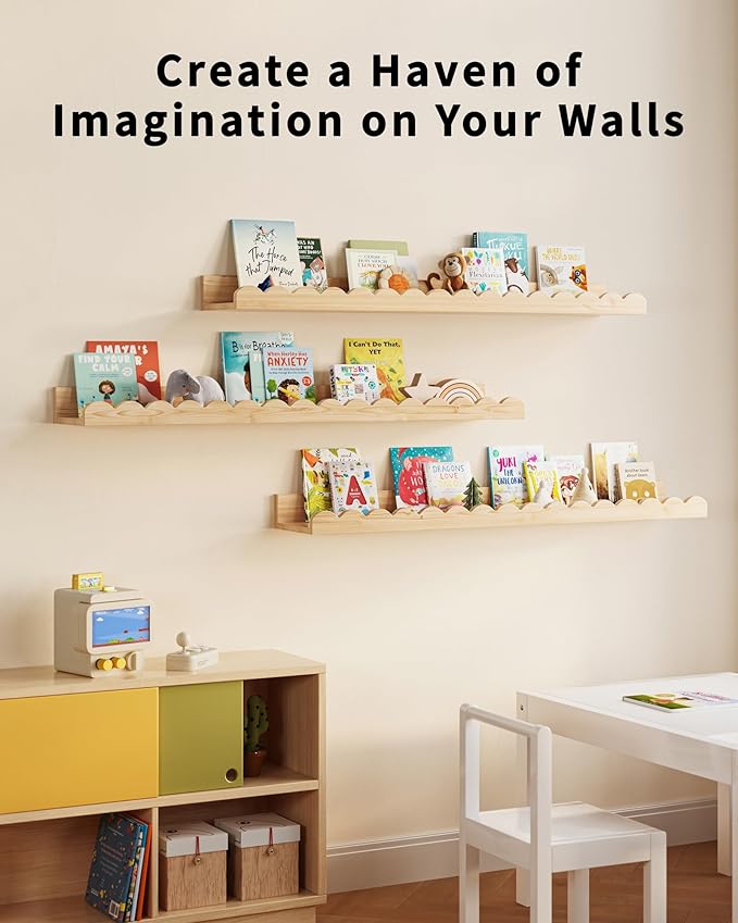 G&W Gruwald Nursery Book Shelves, Set of 3, Nursery Decor for Baby and Toddler, Scalloped Shelves, Book Shelf for Kids Rooms, Wall Book Shelf for Bedroom Kids (Wood, 36 Inches)