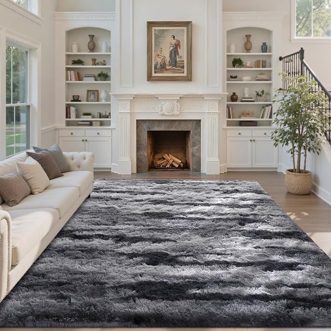 Area Rugs for Living Room 6x9 Feet, Soft Fluffy Shagg Plush Bedroom Rug Non-Slip,Large Carpet for Nursery Kids Dorm Home Decor Black and Silver