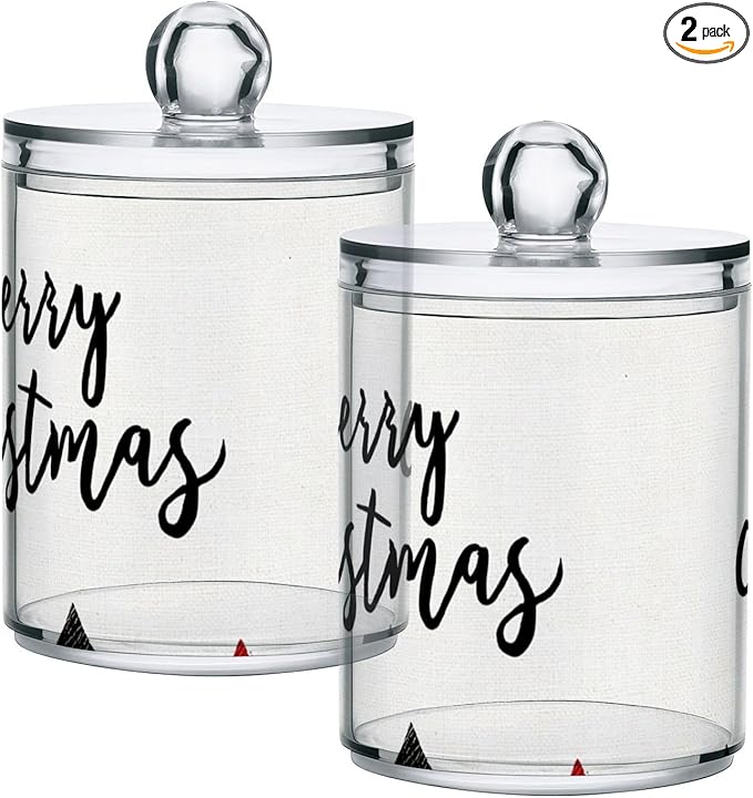 2 Pack Apothecary Jars Merry Christmas Black Checkered Bathroom Vanity Storage Organizer Set,Small Clear Plastic Storage Jars Bathroom Canister for Cotton Swabs, Rounds, Balls, Qtips,Makeup Spo