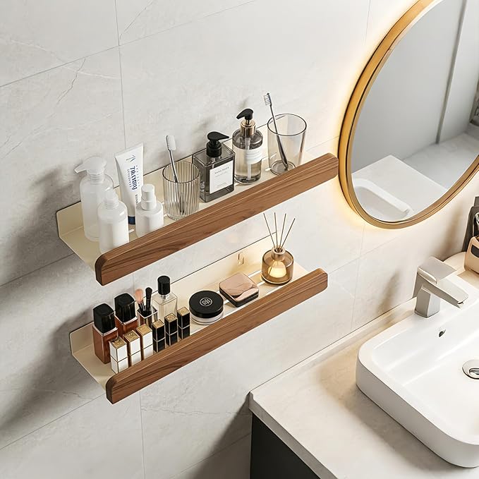 Single White Aluminum & Walnut Bathroom Wall Shelf, 15.75” Long Floating Shelf with 5.31” Deep Storage, Modern Wall Mounted Shelf for Vanity, Sink, Kitchen or Living Room