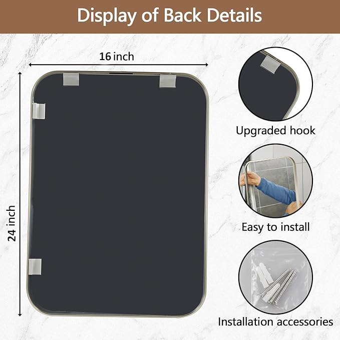 16x24 Inch Brushed Nickel Bathroom Mirror, Framed Rectangle Mirror with Rounded Corner, Brushed Mirror, Silver Bathroom Mirror for Over Sink, Vanity, Living Room, Bedroom, Horizontal/Vertical