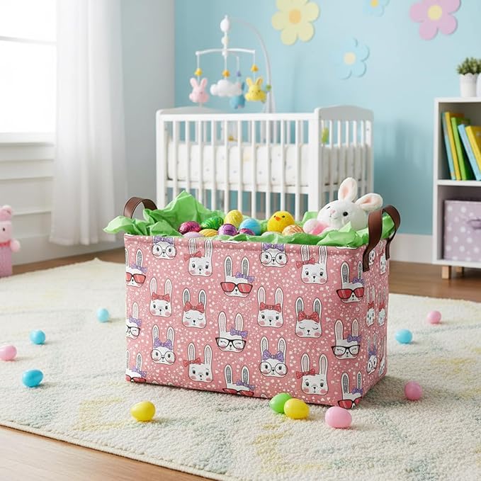 Large Rectangular Cute Kid Easter Basket Empty Bunny Eggs Easter Basket Gift Spring Room Storage Organizer Décor (E-13)