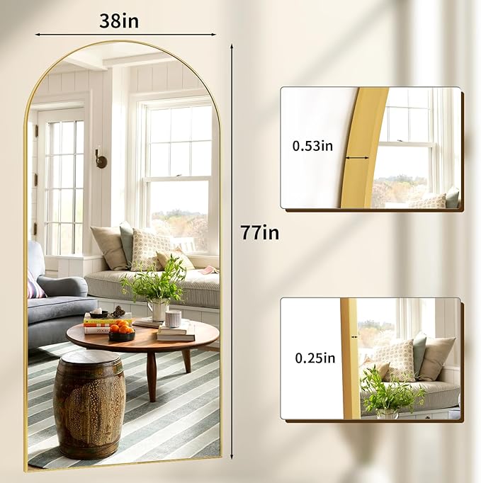 XRAMFY 78"x38" Arched Full Length Mirror with HD Real Glass, Aluminum Frame, Shatter-Resistant, Wall Mounted or Standing, Gold Floor Mirror for Bedroom & Dressing Room
