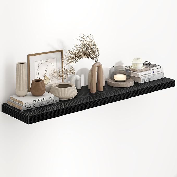 Fun Memories 48 Inch Floating Shelves in Black, 9.3 Inch Deep Wall Shelves for Bathroom, Living Room, Bedroom, Kitchen, Deep Long Shelf Wall Mounted 1 Pack Shelf for Books, Decor