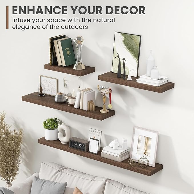 Acovy 55 Inch Floating Shelves, 8 Inch Deep Floating Shelves for Wall, Hanging Shelf with Invisible Brackets, Deep Shelves for Bathroom, Bedroom, Living Room, Walnut, Set of 2
