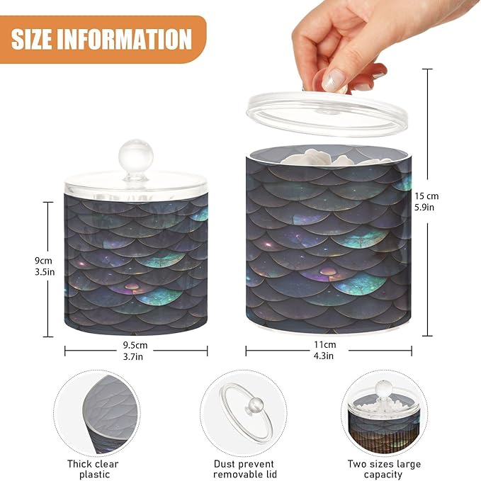 Black Dragon Scalesglittering Clear Plastic Makeup Organizer Storage with lid Pantry Essentials Decorative storage bin for Cotton Swabs,Cotton Pads,Floss Picks,Paper Clips,Hair Clips 2 Pack