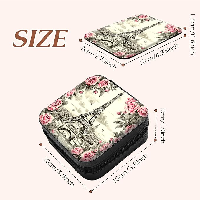 Travel Jewelry Case with Compact Mirror, Eiffel Tower Pink Rose Exquisite PU Leather Jewelry Boxes for Women and Gril, Best Gifts for People Who Travel - Dainty Jewelry Organizer