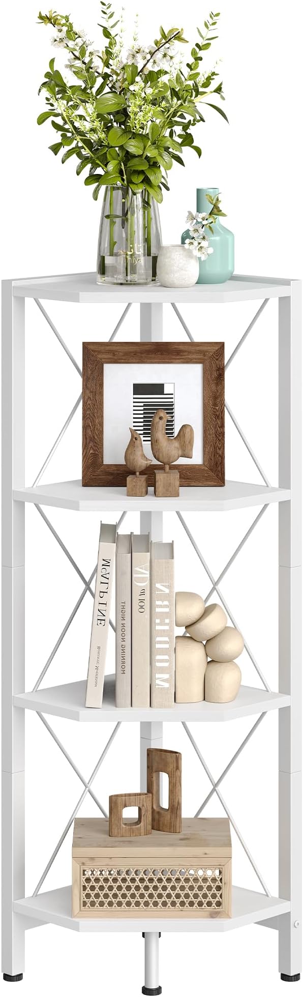 CHOEZON 4-Tier Corner Shelf, Corner Bookcase, 43.3" Tall Vertical Display Rack, Plant Stand, Open Storage Shelf, for Living Room, Bedroom, Study, Kitchen, White TCJ14WB