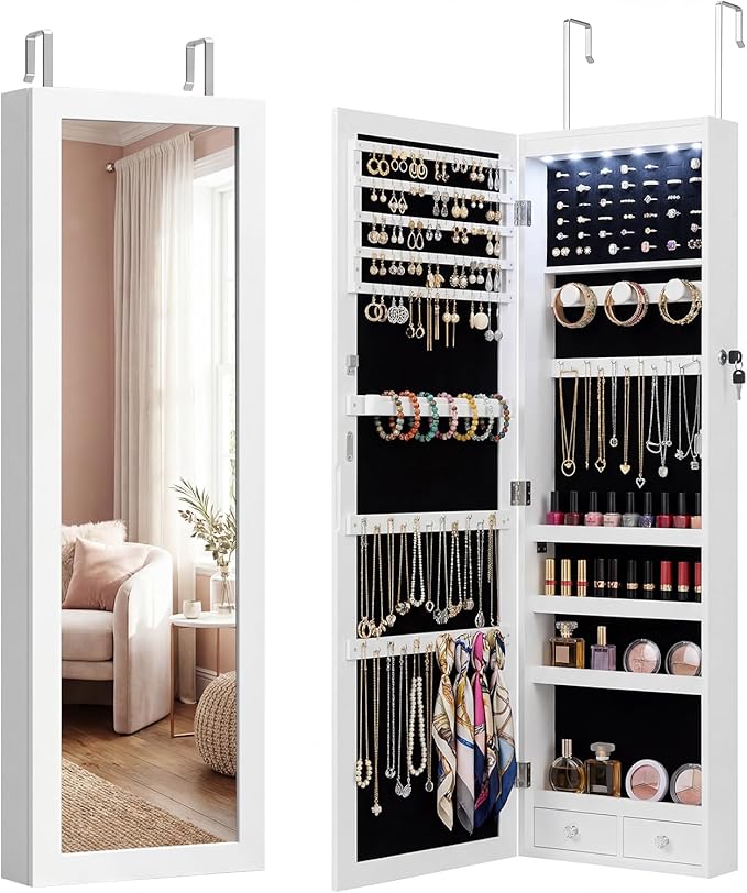 Antok 6 LEDs Jewelry Cabinet with Lock, 48" Full Length Mirror Wall Mounted or Over The Door Jewelry Organizer, Large Capacity Storage for Bedroom&Cloakroom&Entryway, Gift for Women, White