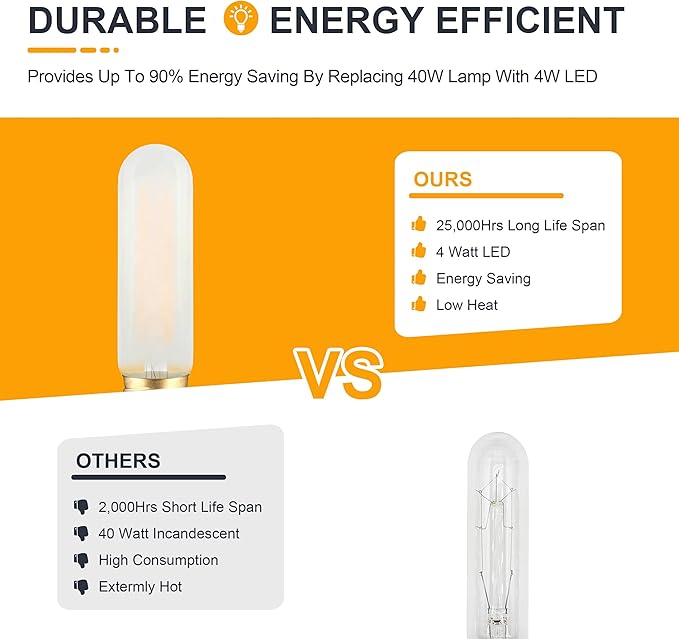 T10 LED Frosted Bulb- Dimmable E26 LED Chandelier Tube Bulbs 40W Equivalent- 2700K Soft Warm- 4W Vintage Tubular Edison Light Bulbs for Cabinet, Desk/Piano Lamp, Mason Jars, Bathroom Vanity- 6 Count